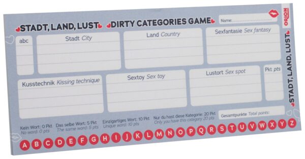 Erotisk spil "Dirty Categories Game", Papirblok med 25 ark