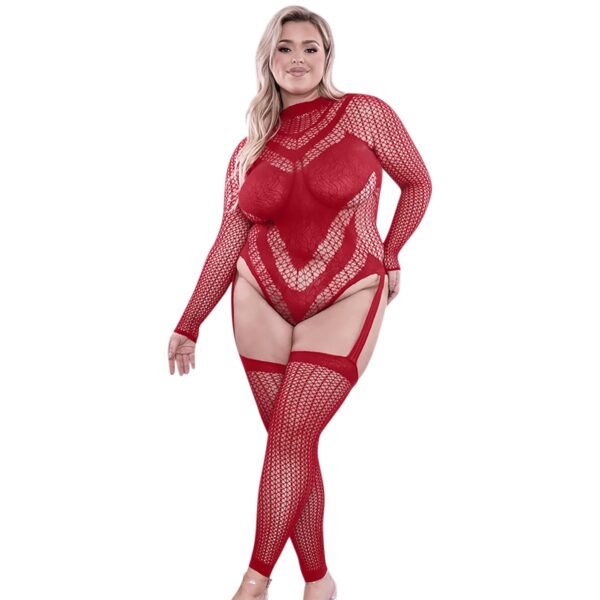 Sheer Fantasy Infatuation Gartered Langærmet Teddy Bodystocking - Rød - One Size Rød One Size