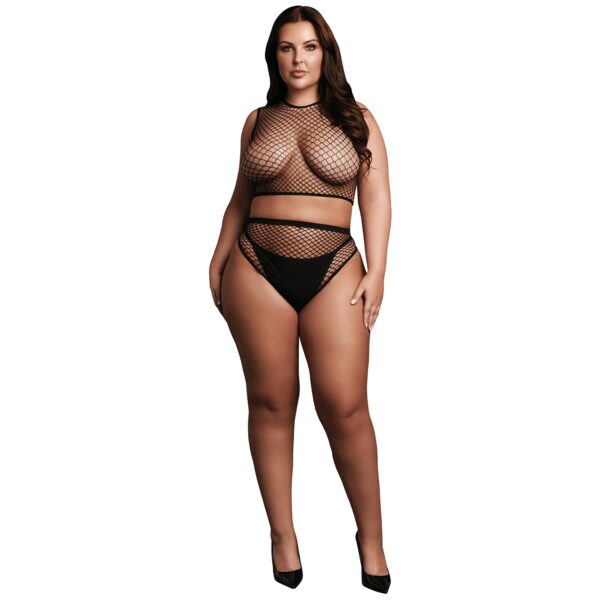 Le Désir 2-delt Crop Top og Fiskenet Trusser Sæt Plus Size - Sort - Plus size Sort Plus size