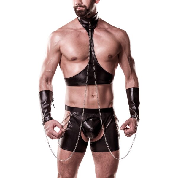 Grey Velvet Men Halterneck Wetlook Bondage Sæt - Black - S/M Black S/M