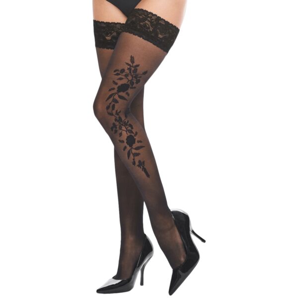 Kotek Sorte Hold Ups med Blomstermotiv - Black - S/M Black S/M