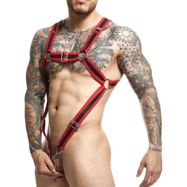 DNGEON Cross Penisring Harness - Red Red