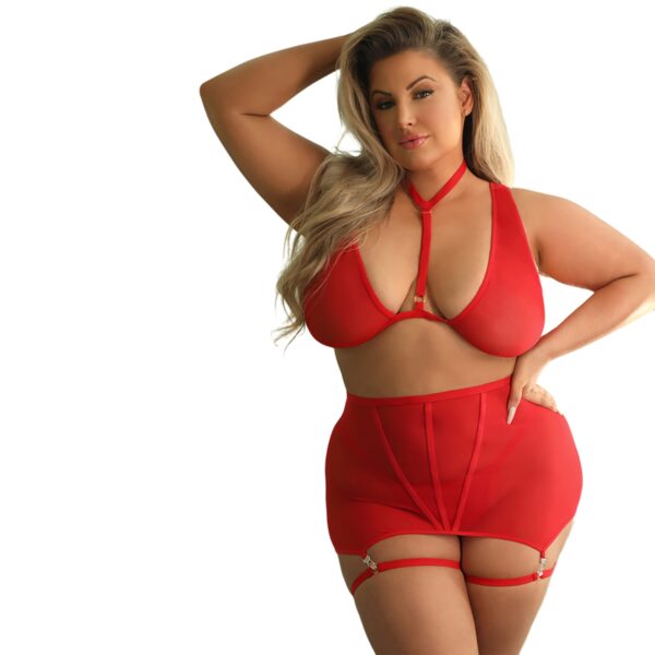 Fantasy Lingerie Tease VAUGHN, Bralette, Nederdel med Strømpestropper & G-streng Plus Size - Red - XL/2XL Red XL/2XL