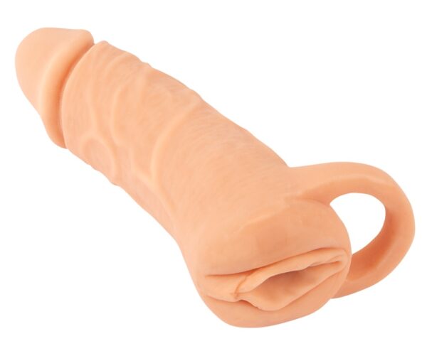 Penis sleeve "2in1 Extension + Masturbator" med testikelring hudfarvet lys