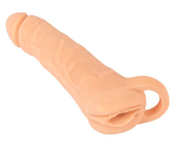 Penis sleeve "2in1 Extension + Masturbator" med testikelring hudfarvet lys