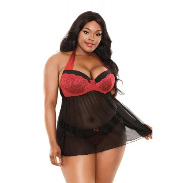 Plus pige Sophia Halter Neck Teddy - Black/Red