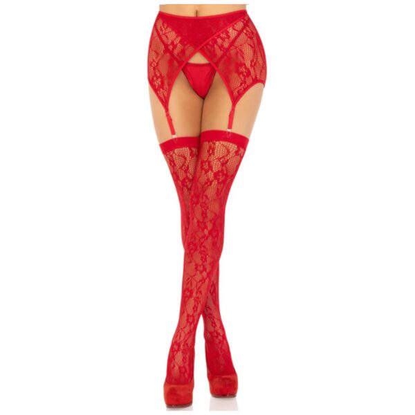 Rød Lace Thigh Tighs And Garterbelt Red